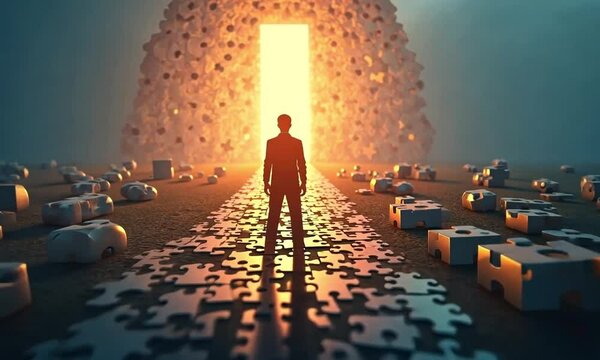 A young entrepreneur creating a pathway of completed puzzle pieces, symbolizing problem-solving, vision, and success