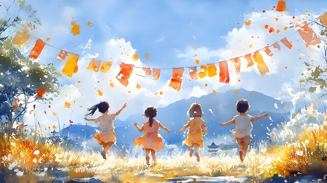 Watercolor illustration of children playing under prayer flags with festive Losar decorations in the background