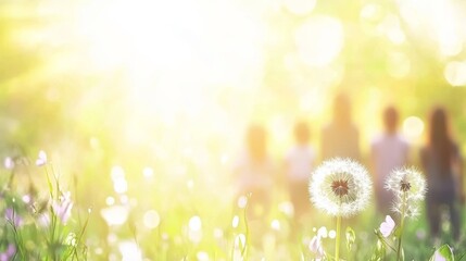 Obraz premium Family Walking in Sunny Meadow with Dandelions (1)