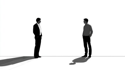 Fototapeta premium Two businessmen facing each other, in silhouette, against a white background.