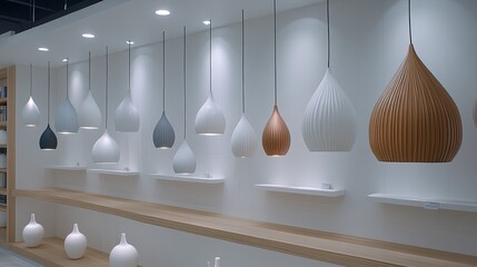 Multiple pendant lamps of unique shapes and sizes hang from the ceiling, illuminating the bright interior of a design store