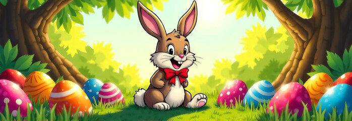 Naklejka premium A cute little rabbit next to an Easter egg with a place for a banner text, a postcard, a series of bunnies in a clearing. Easter eggs painted in different colors, for the bright Easter church holiday.