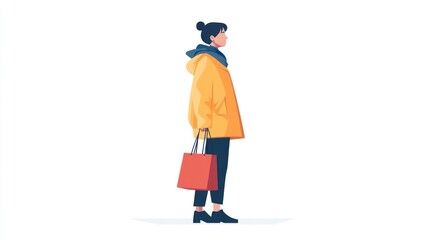 Woman in yellow coat holding shopping bag.