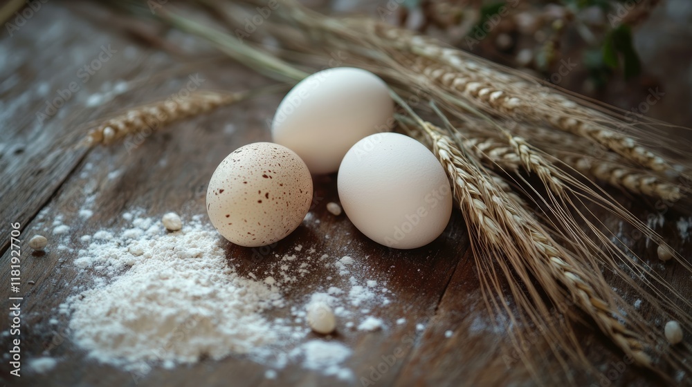 Poster Chicken and quail eggs are lying on a rustic wooden table next to ears of wheat and flour, creating a cozy and inviting scene related to baking and cooking
