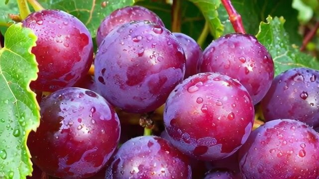 A bunch of purple grapes with water droplets on them. The grapes are clustered together and appear to be ripe