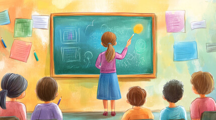 teacher stands at chalkboard, drawing colorful illustrations while students watch attentively. classroom is vibrant and engaging, fostering love for learning