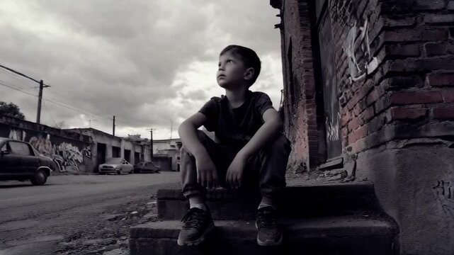 A boy sits on a step in front of a building with graffiti on it. The boy is looking off into the distance