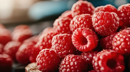 A beautiful arrangement of bountiful raspberries on a rustic wooden surface, accentuating the...