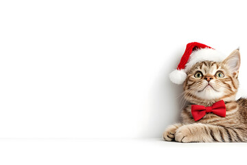 Naklejka premium Cat in a Festive Santa Hat and Bow isolated on background