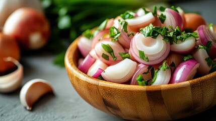 A vibrant mix of sliced red onions and fresh herbs elegantly arranged in a wooden bowl, perfect for showcasing freshness and culinary creativity in food photography.