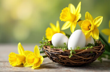 Painted multicolored eggs lie in a flat knitted plate, close-up , banner, postcard, background. Easter eggs painted in different colors, for the bright Easter church holiday.