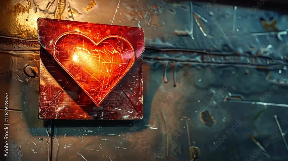 Poster a vibrant red heart symbol illuminates against a rough metallic wall with subtle textures and shadow