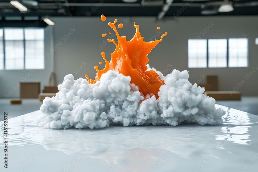 Poster dynamically frozen orange fluid splash on pristine white surface modernist abstract visual capture w