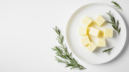 Fresh Butter Cubes Styled on White Plate with Herbs