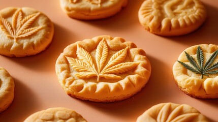 A close-up of golden cookies with cannabis leaf imprints on a pastel surface