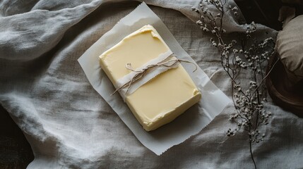 Fresh Block of Unsalted Butter on Rustic Surface