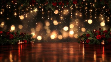 Festive Christmas Table Setting with Red Roses and Lights