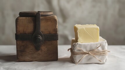Rustic Butter Churn and Neatly Wrapped Butter