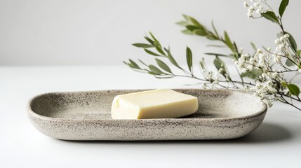 Rustic Ceramic Butter Dish on White Surface