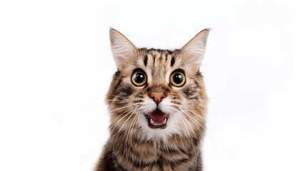 Angry and surprised cat isolated on white background with a funny and excited expression