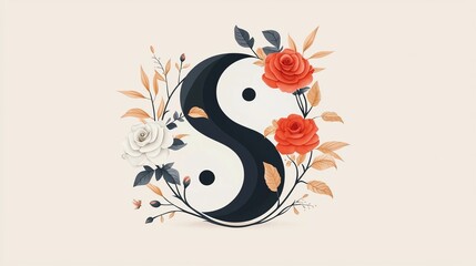 Valentine's Day and Chinese New Year concept. Yin-yang symbol adorned with colorful roses and leaves on a soft background.