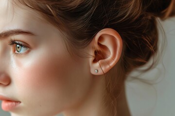 Close up of young woman with helix piercing, highlighting modern trends in body modification and personal style