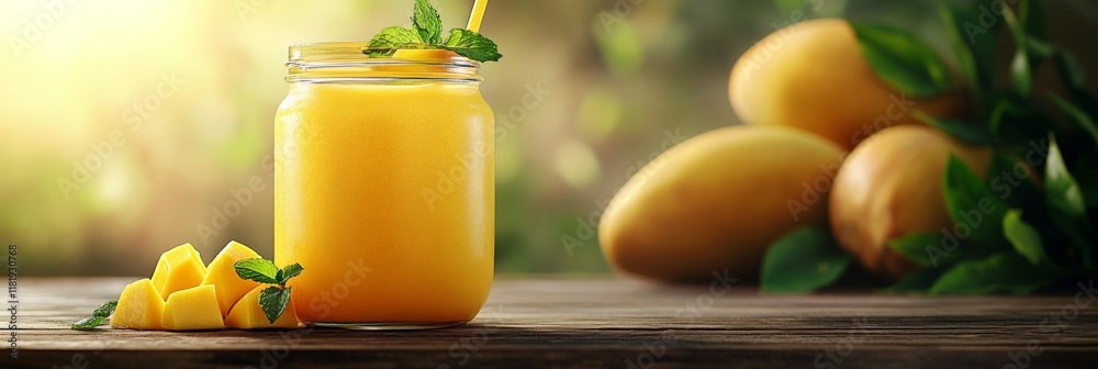 Poster glass jar of fresh mango smoothie is garnished with mint leaves and accompanied by mango slices on a