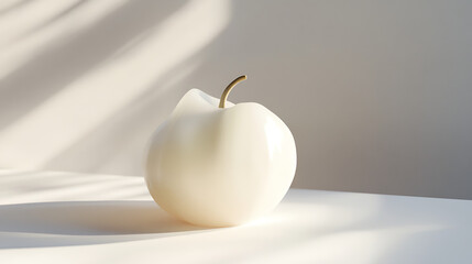 A minimalist white apple sculpture with a gold stem, casting soft shadows.