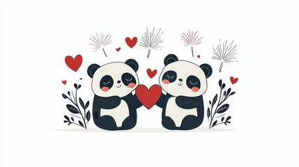 Obraz premium Valentine's Day and Chinese New Year concept. Cute pandas holding a heart surrounded by hearts and flowers, symbolizing love and affection.
