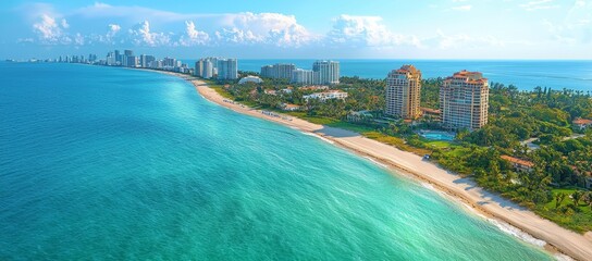 Obraz premium Aerial view of a pristine beach with turquoise water and luxury beachfront buildings under a sunny sky.