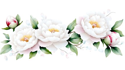 Fototapeta premium Elegant White Peonies Floral Arrangement Watercolor Painting Botanical Illustration