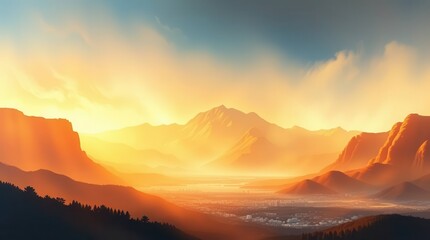 Fototapeta premium A serene landscape at sunset, showcasing mountains and valleys bathed in warm, golden light, creating a tranquil and picturesque view.