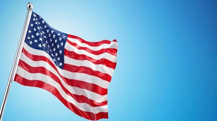 Fototapeta premium American flag waving in bright blue sky united states symbolic image clear environment wide viewpoint national pride concept