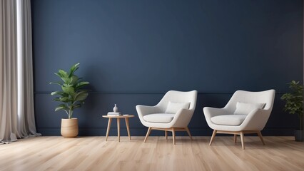 minimalist interior of living room, Off-White armchair on Navy color wall background