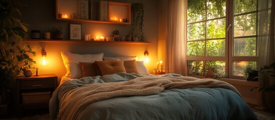 Cozy bedroom with warm lighting, soft blankets, and a window overlooking a garden.