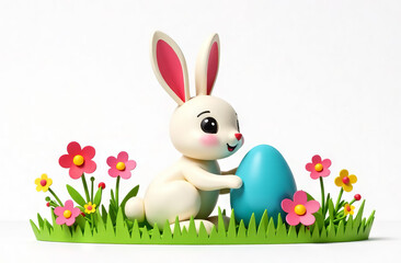 Fototapeta premium A cute little rabbit next to an Easter egg with a place for a banner text, a postcard, a series of bunnies in a clearing. Easter eggs painted in different colors, for the bright Easter church holiday.