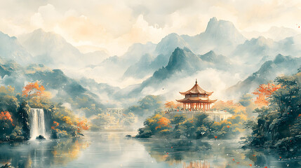 Obraz premium Chinese brush-style scene of tropical landscapes with festive Songkran activities taking place near a riverside