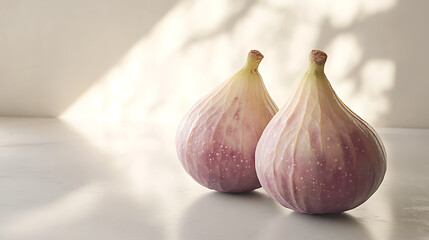 Obraz premium Two ripe figs on a light surface, illuminated by soft shadows.