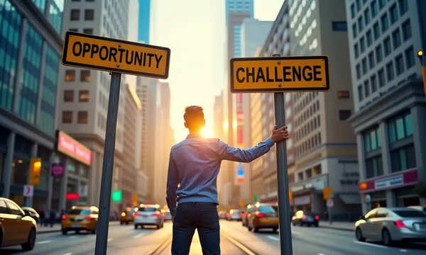 A young professional at a city crossroads, deciding between paths marked Opportunity and Challenge, symbolizing life choices