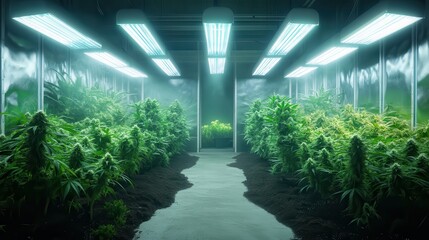 Rows of cannabis plants illuminated by specialized grow lights in a greenhouse
