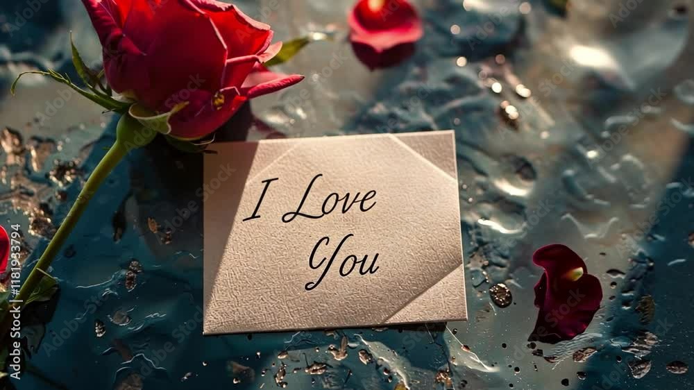 Aufkleber a delicate red rose lies beside a note expressing deep affection. petals scattered around enhance th