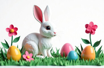 Fototapeta premium A cute little rabbit next to an Easter egg with a place for a banner text, a postcard, a series of bunnies in a clearing. Easter eggs painted in different colors, for the bright Easter church holiday.