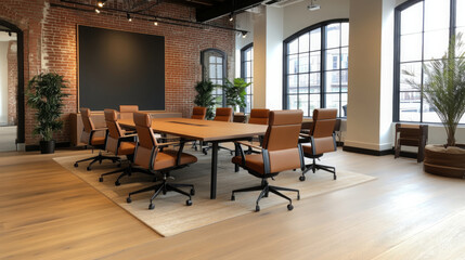 modern collaborative office space featuring large meeting table surrounded by ergonomic chairs, with large windows allowing natural light and greenery enhancing atmosphere