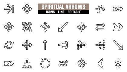 Set of 25 line icons spiritual arrows. Editable stroke. Vector illustration
