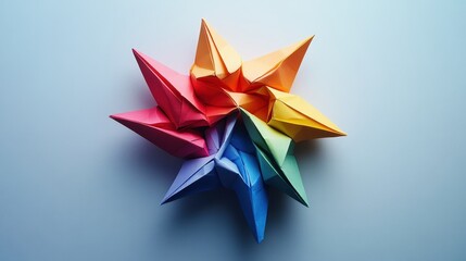 Colorful Origami Stars Arranged in a Circular Pattern on a Light Blue Background