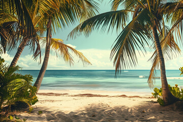 A beautiful tropical beach with palm trees and blue sky. A photo of the ocean, white sand and tall coconut palms.