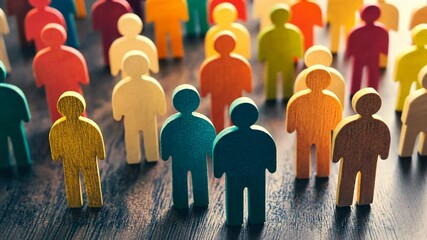 A group of colorful wooden people standing together , unity and people diversity concept,