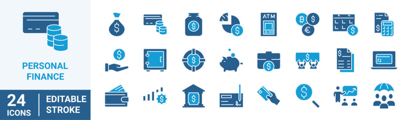 Personal finance line web icons. cash, saving, financial goal, profit. Editable stroke. Vector illustration
