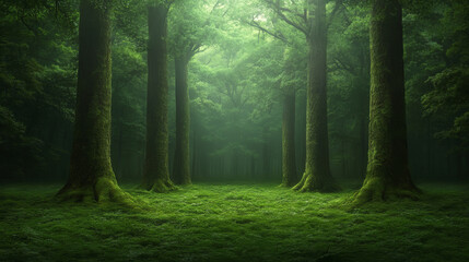 Obraz premium dense forest filled with tall, towering trees creates serene atmosphere. lush greenery and soft moss underfoot enhance tranquil environment, inviting exploration and reflection