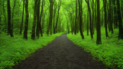 Obraz premium serene forest path surrounded by lush green trees and vibrant foliage invites exploration. rich dark earth contrasts beautifully with vivid greenery, creating peaceful atmosphere